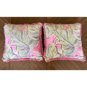 Lilly Pulitzer Reversible Indoor Outdoor Painted Palm Pink Fringe Throw Pillows